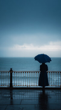 Solitary figure with umbrella by the sea in the rain