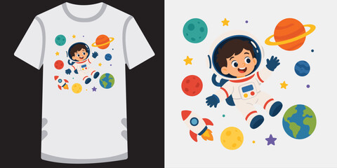 Little boy astronaut floating in space with planets, stars, and rocket in universe. © jubayer71