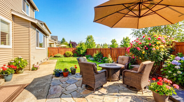 Expansive flagstone patio with wicker chairs and a table, shaded by an umbrella in a lush garden setting.