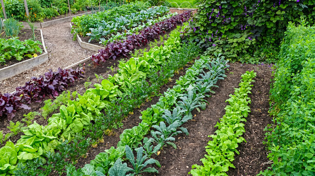 Abundant organic vegetable garden with diverse rows of fresh green produce growing in rich soil.