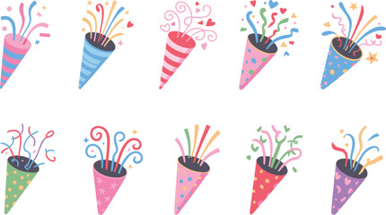 Obraz premium Party poppers set, colorful confetti cannons collection with festive celebration elements and decorative bursts