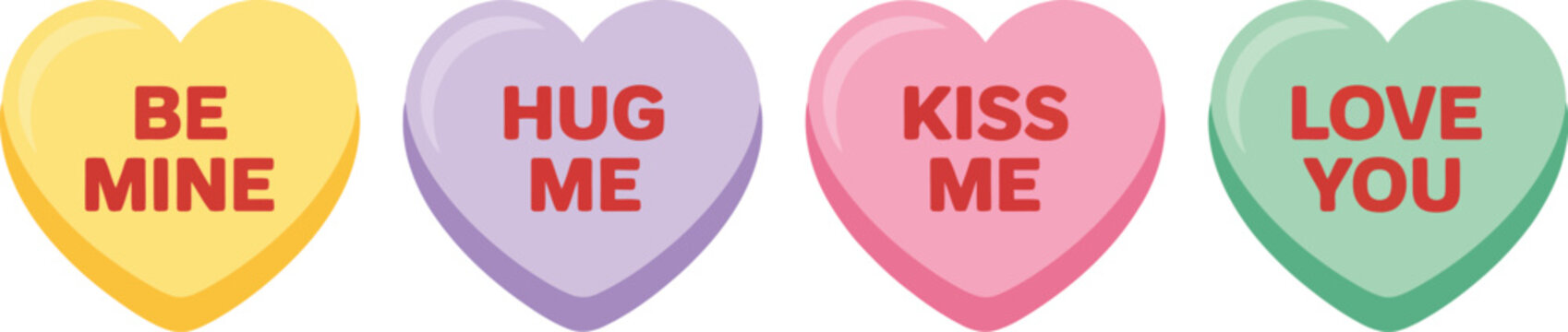 Conversation heart candies vector, vibrant candy hearts with love messages for Valentine&rsquo;s Day romance greeting and festive sweet design concept.