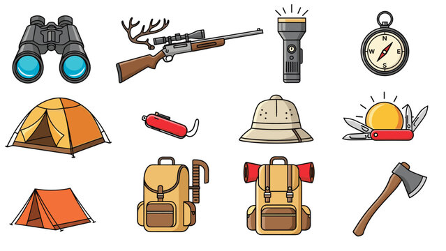 Diverse collection of hunting and camping gear icons featuring a tent, rifle, binoculars, compass, backpack, and survival tools.