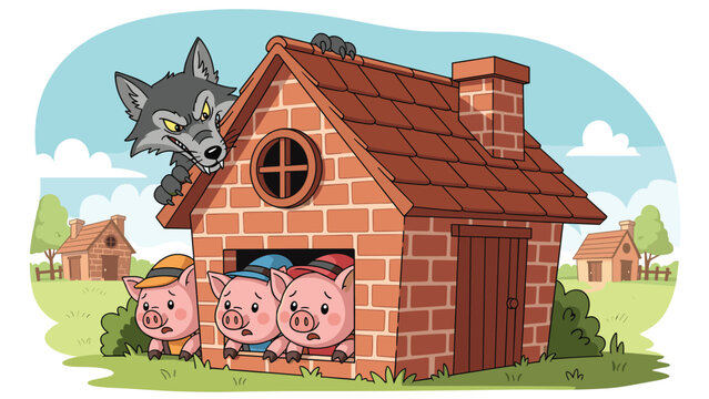 Big bad wolf peeking over the roof of a brick house where three frightened little pigs are hiding inside for safety.