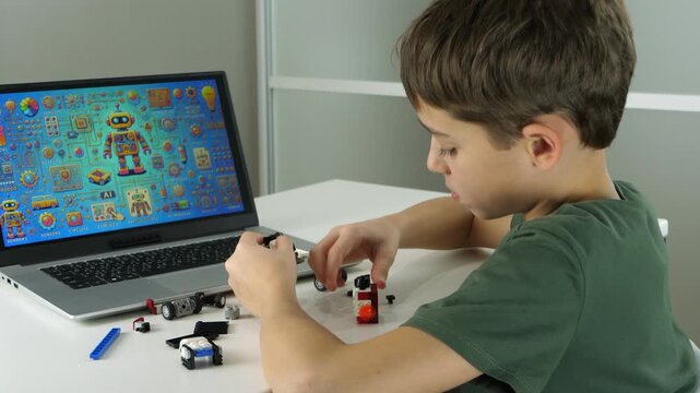 Creative child plays with robot building kit. Young boy explores technology and robotics at home. Imagination sparks as he builds and interacts with colorful pieces.