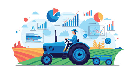 Naklejka premium Professional farmer driving a blue tractor in a field with various data charts and graphs showing smart farming and modern agriculture.