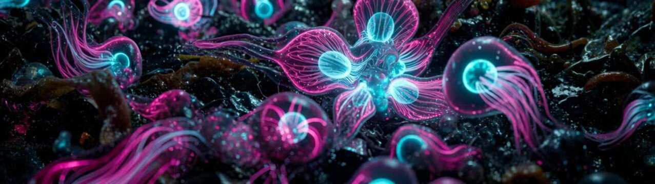 Colorful jellyfish float in dark water surrounded by seaweed during the night near a coastline.