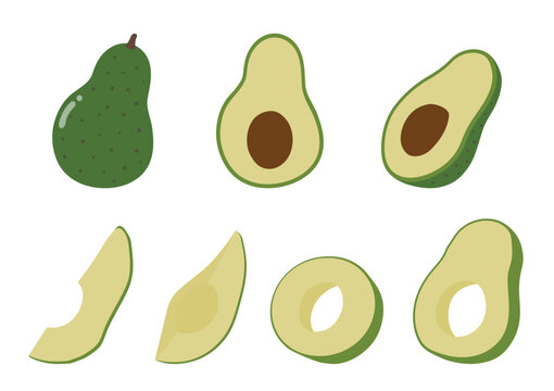 Avocado vector illustration set, whole, half, and sliced avocado isolated on white background.
