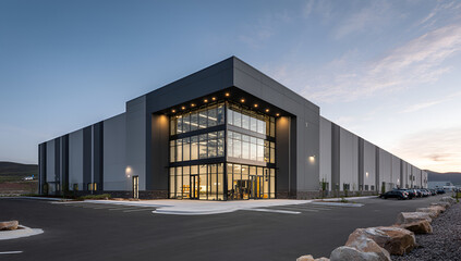Obraz premium Modern Industrial Building Exterior with Glass Entrance at Dusk.