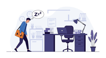 Fototapeta premium Tired businessman leaving a dark office late at night while dreaming of sleep as shown by a thought bubble with a Zzz symbol above his head.