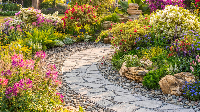 Beautiful winding stone paver path through a lush, vibrant garden blooming with colorful flowers and green plants.