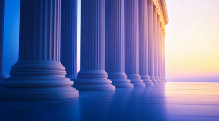 Obraz premium Greek marble columns rise with blue sky, calm water and mountains complete a soothing architectural setting