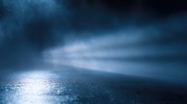 blue dark foggy street with wet asphalt, illuminated by searchlight and laser beams, cinematic smoke atmosphere