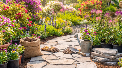 Gardening tools and potted plants neatly arranged by a stone path in a beautiful, vibrant flower garden. © Dayne