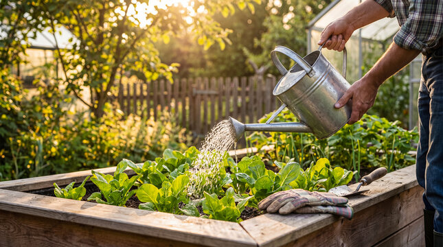 Gardener waters fresh green lettuce seedlings in a sunlit raised garden bed with a metal watering can.