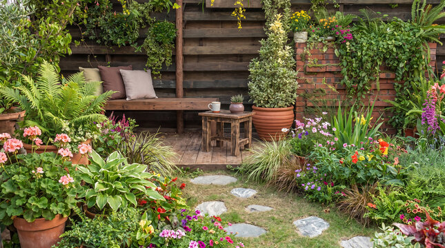 Scenic garden with stone stepping path leading through colorful flower beds and a cozy wooden seating area.