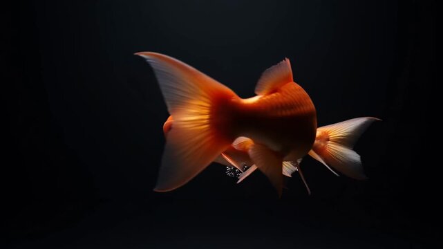 Two goldfish swimming in darkness.