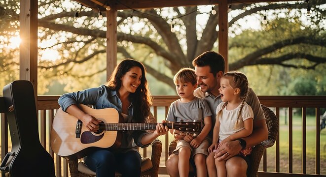 A happy family enjoys a warm summer evening playing music together on a porch.