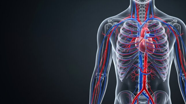 Detailed 3D illustration of the human circulatory system and heart