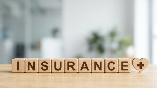Wooden blocks spelling out INSURANCE with a heart and cross symbol