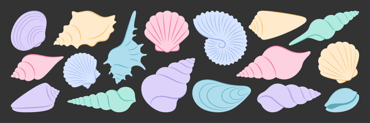 Colorful sea shells set on dark background featuring various shapes like spiral conch, ribbed scallop, nautilus and pointed murex. Marine collection of underwater mollusk house elements. © Mila