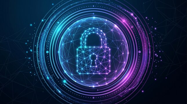 Cybersecurity Concept Illustration of a Glowing Digital Padlock inside a Transparent Sphere with Neon HUD Rings