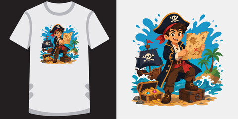 Little pirate boy holding treasure map on tropical island with ship and chest full of gold. © jubayer71