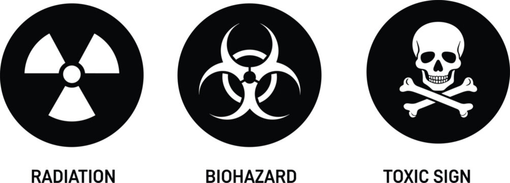 Set of black and white hazard warning icons including ionizing radiation symbol biohazard sign and toxic skull with crossbones for industrial safety and security.