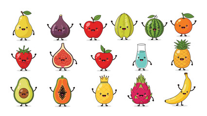 Fototapeta premium Large collection of cute and happy fruit characters with smiling faces and expressive personalities on white.