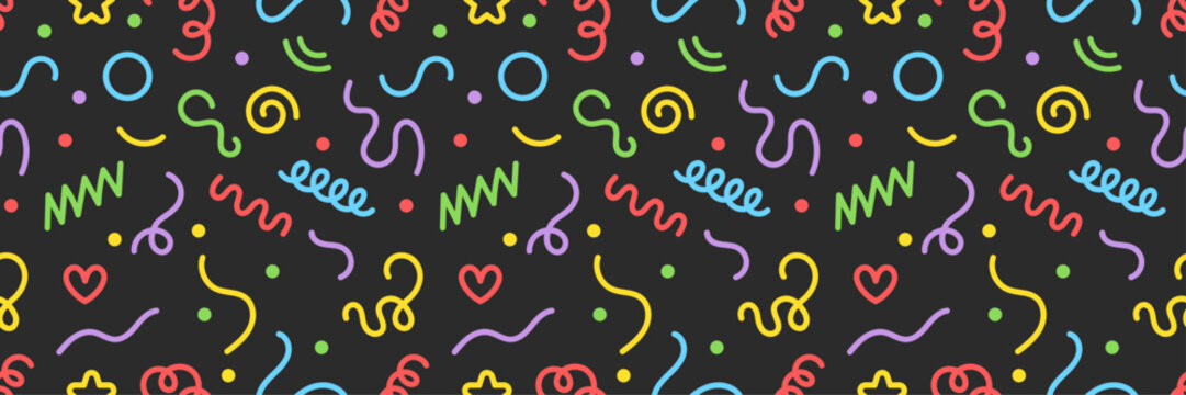 Horizontal seamless pattern with colorful hand drawn doodles on dark background. Bright festive border featuring multi colored swirls, stars, hearts, zigzags and wavy lines in memphis style.