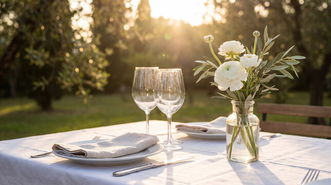 Elegant outdoor dining table set for two with wine glasses and white flowers.