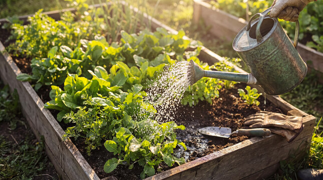 Gloved hand waters diverse green plants in a rustic wooden raised garden bed under golden sunlight.
