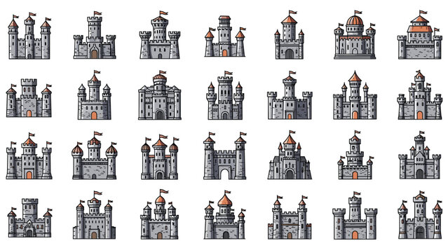 Extensive collection of twenty-eight diverse medieval castle icons featuring various towers, gatehouses, and defensive wall styles.