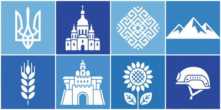 Collection of Ukrainian national symbols and landmarks presented in a grid format.