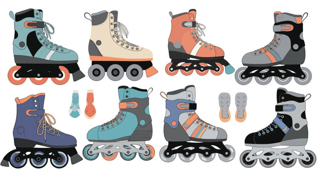 Collection of different styles of inline roller skates for fitness and recreation along with essential protective knee and elbow pads.