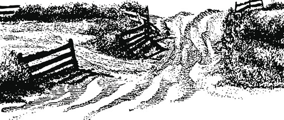 Obraz premium rural dirt road with wooden fences and tire tracks in countryside landscape sketch