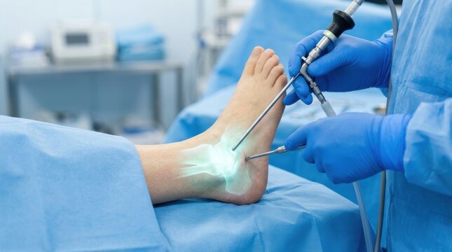 Surgeon performs minimally invasive ankle surgery using arthroscopic instruments