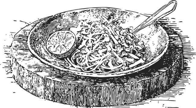 Spaghetti with tomato sauce and lemon wedge on wooden board with fork vintage engraving