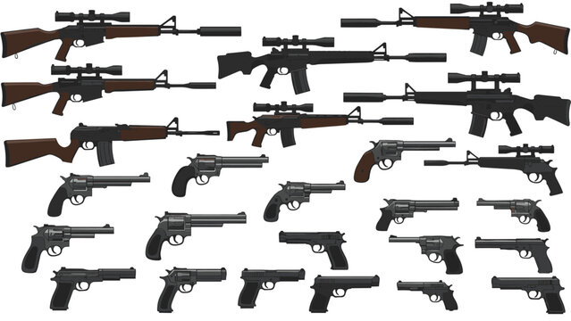 Extensive collection of different types of firearms including sniper rifles and handguns illustrated in a detailed vector graphics set.