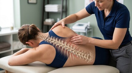 Obraz premium Chiropractor performing spinal adjustment on patient with visible skeletal overlay