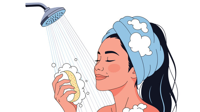 Smiling young woman with a blue towel on her head takes a refreshing shower while cleaning herself with a sponge.