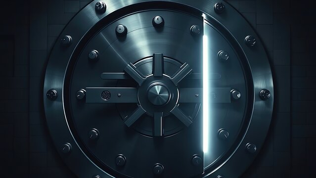 impregnable. A massive steel vault door with a narrow slit of light escaping from the seam in a dark room. real-estate listings.