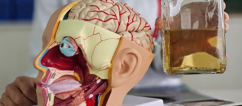 Anatomical model of the brain with alcohol in the hands of a doctor. Mental health alcoholism. Alcoholic encephalopathy: causes, symptoms and treatment