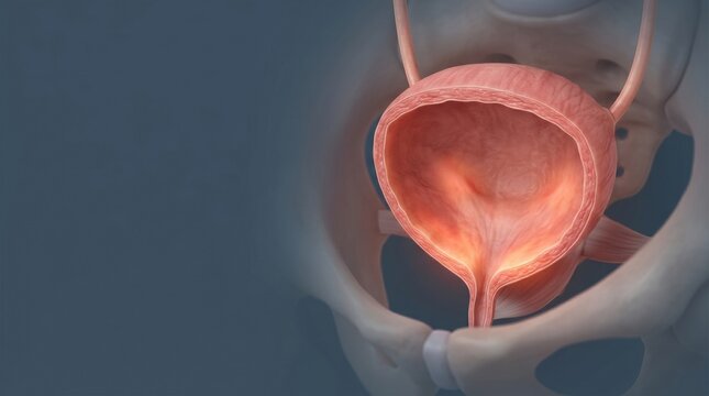 Detailed 3D illustration of the human urinary bladder within the pelvic bone structure