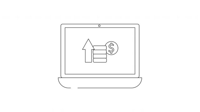 Laptop screen displays rising stack of coins with upward arrow and dollar sign.