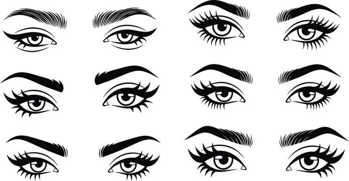 Various female eyes with different eyebrow and eyeliner styles, black and white eye eyebrows eyelashes