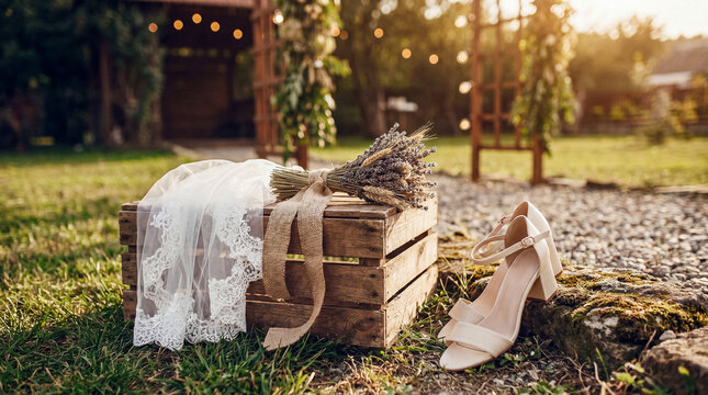 Beautiful bridal veil, a rustic lavender and wheat bouquet, and elegant wedding sandals on a wooden crate outdoors.
