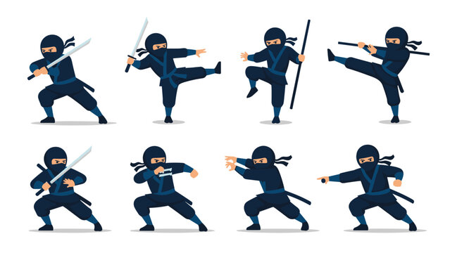 Action poses of a cartoon ninja character dressed in blue wielding various traditional weapons like swords and a staff in a set.