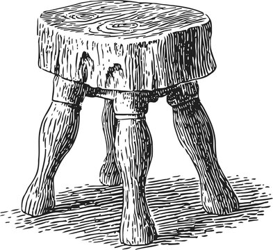 Rustic wooden stool with three carved legs and natural tree ring seat, vintage hand drawn