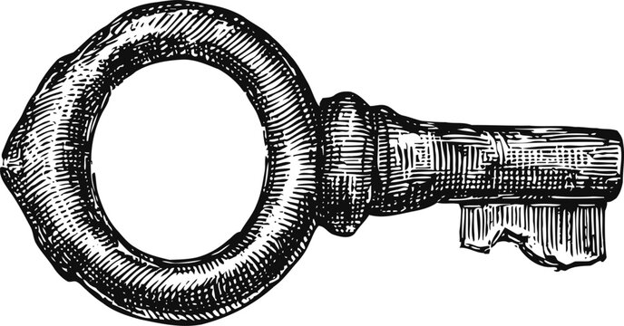 Vintage antique key with round bow and intricate teeth engraving illustration